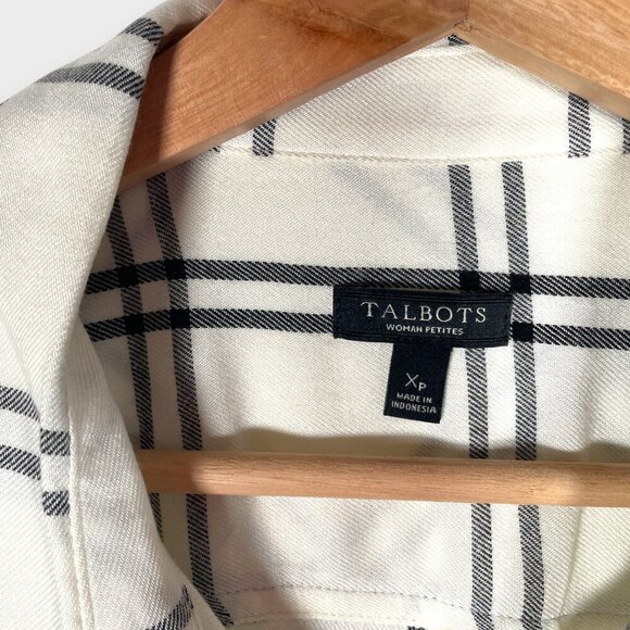 🦜 TALBOTS Button Up Blouse XP White Black Rayon Casual to Office - Picture 4 of 7